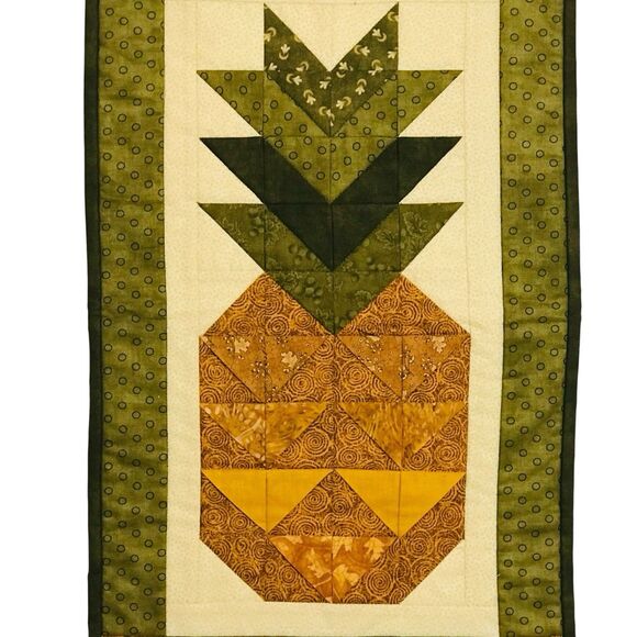 Vintage Handmade And Machine Quilted  Wall Hanging Pineapple Gold Green 14.5x24" - Picture 6 of 6